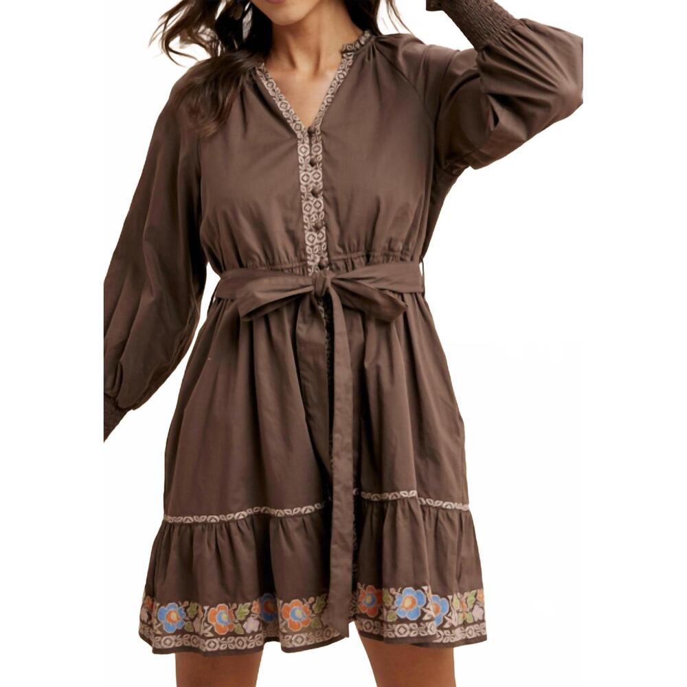 NEW IN-LOOM embroidered mini dress in mocha
